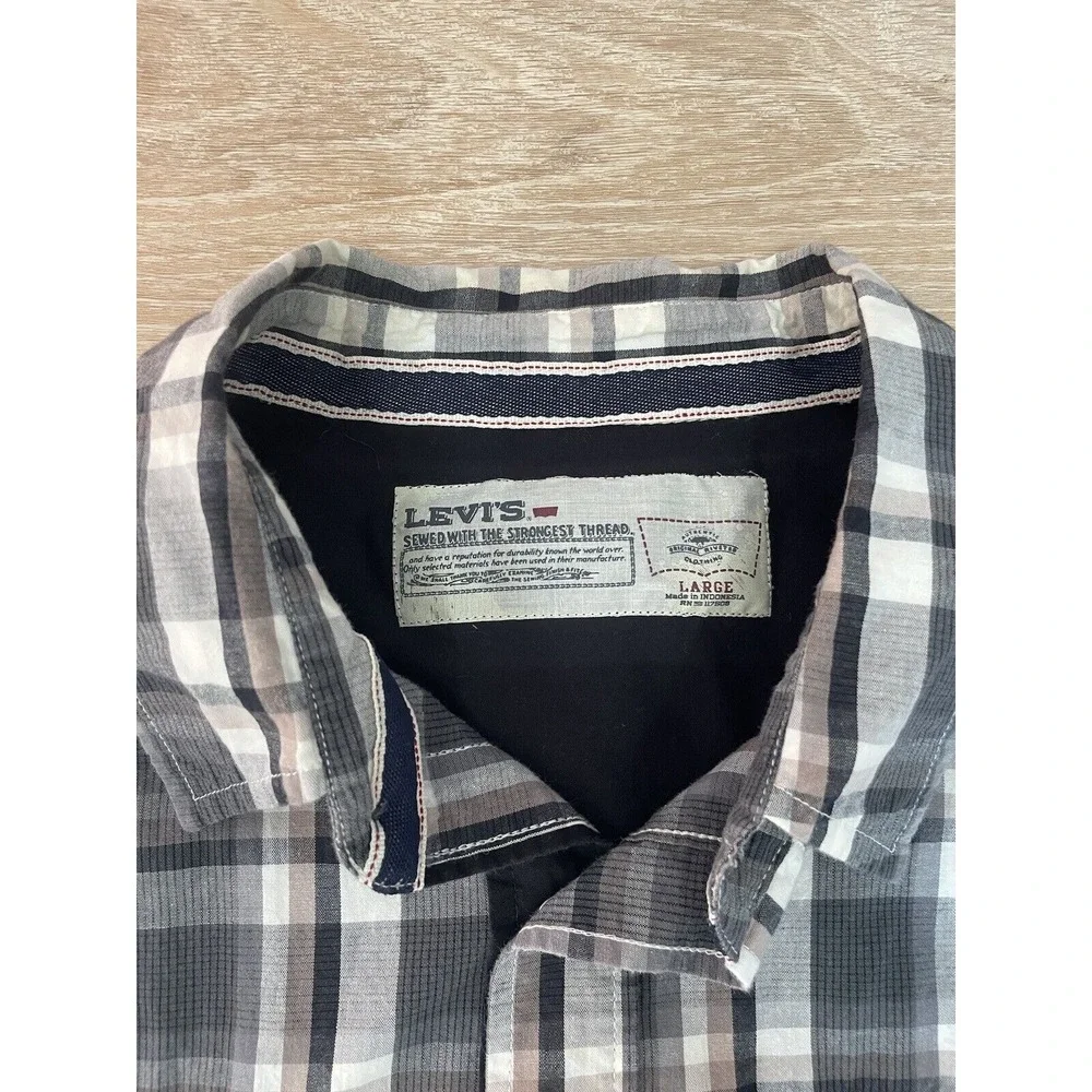 Levis Men L Western Pearl Snap Button up  Shirt Plaid Cotton Piping‎ CowBoy Gray